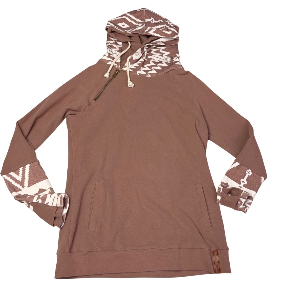 Ampersand Avenue‎ Hoodie Aztec Print Zipper Neck Brown Tan Womens Size M